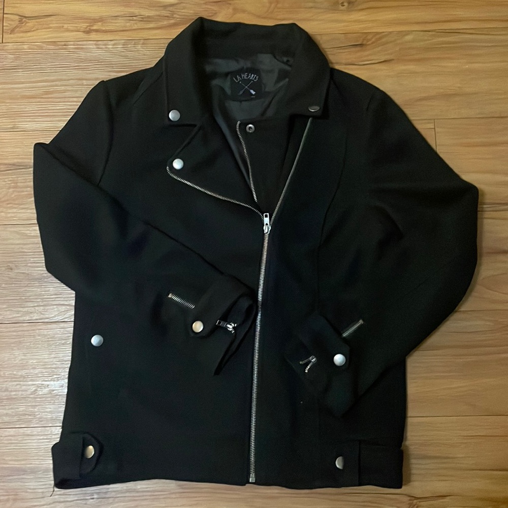 LA Hearts Black Moto Style Jacket with lining and metal gray hardware